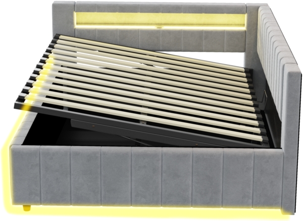 Merax Daybett Polsterbett Schlafsofa 140x200, Mit hydraulischem Stauraum, Mit LED-Licht und USB-Ladeanschluss, Samt, hellgrau Bild 8