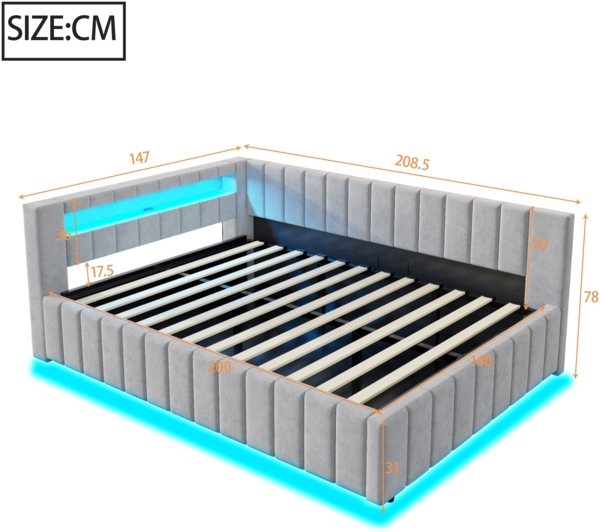 Merax Daybett Polsterbett Schlafsofa 140x200, Mit hydraulischem Stauraum, Mit LED-Licht und USB-Ladeanschluss, Samt, hellgrau Bild 4