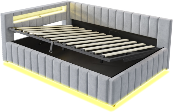 Merax Daybett Polsterbett Schlafsofa 140x200, Mit hydraulischem Stauraum, Mit LED-Licht und USB-Ladeanschluss, Samt, hellgrau Bild 9