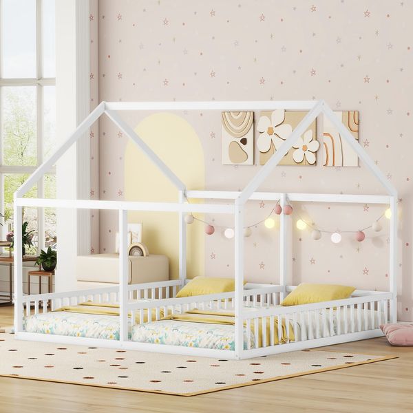 Kinderbett 2-in-1 (2x 90x200 cm) Haus-Design, Kiefernholz + MDF, Mittel-Geländer als Rausfallschutz, Weiß