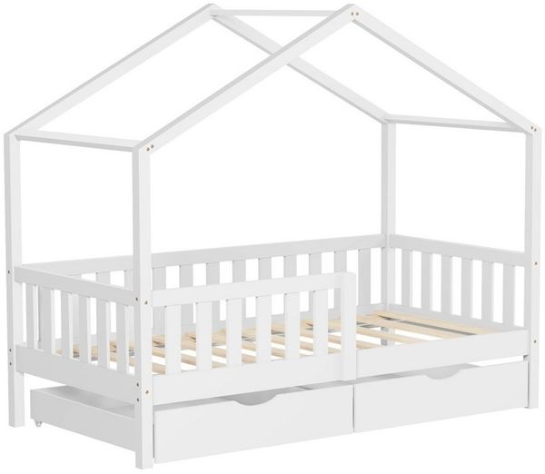 ML-DESIGN Spielbett Hausbett Kinderbett inkl. 2 Schubladen, Lattenrost und Rausfallschutz, Abenteuerbett 80x160 cm Haus Bett Himmelbett Kiefer Jugendbett Weiß