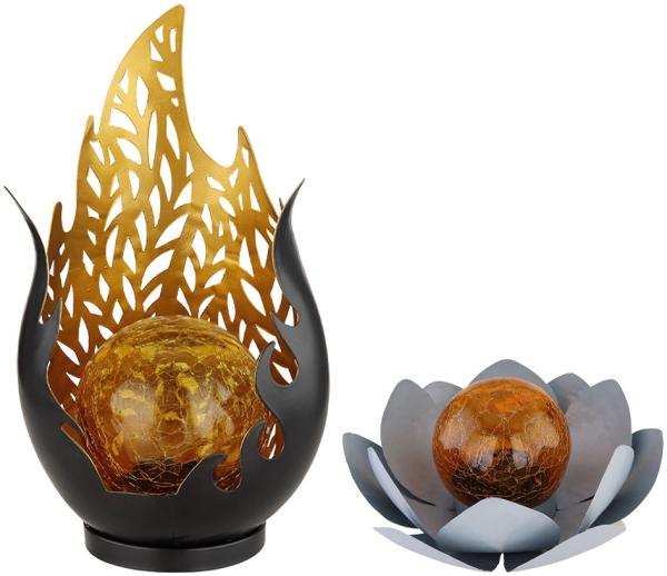 2er Set LED Solarleuchten, Lotusblume, Flammen Design