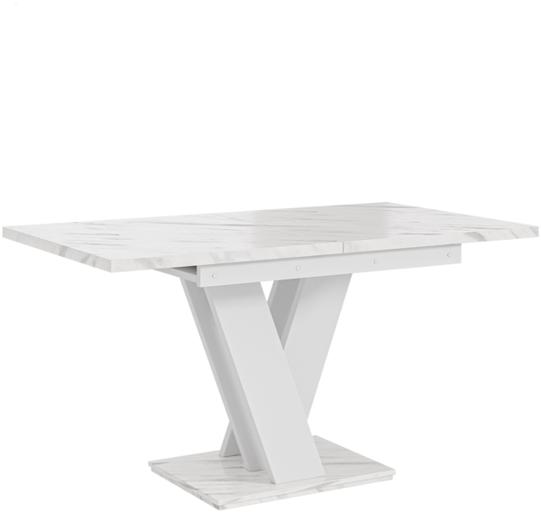 MEBLINI Esstisch Ausziehbar - 120-160x80x75cm - MASIV - Weiß Marmor/Weiß Matt - Esszimmertisch Modern - Küchentisch - Säulentisch - Ausziehtisch - Dining Table