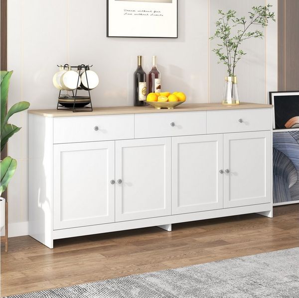 XDeer Sideboard Sideboard Kommode Standschrank 160cm mit weißer Holzmaserung, vier Türen drei Schubladen Wohnzimmer Esszimmer Holzfarbe Weiß