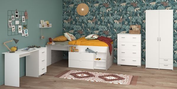 Jugendzimmer-Set >Milky 11< 4-teilig, Bett, Kleiderschrank, Kommode, Schreibtisch, in Weiss / Grey