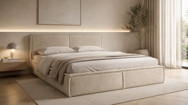 MOEBLO Polsterbett BETT 04 (Bezug: aus Cord, Doppelbett mit Kopfstütze, Rahmenbettgestell 160x200, mit Bettkasten und Lattenrost), mit Bettkasten