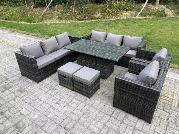 Fimous 10-Sitzer Wicker PE Gartenmöbel Rattan Sofa Set im Freien Einstellbare aufsteigende Esstisch Set mit 2 Sesseln 2 Hocker Dunkelgrau gemischt