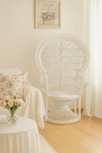 Pfauenthron aus Rattan weiß mit Kissen