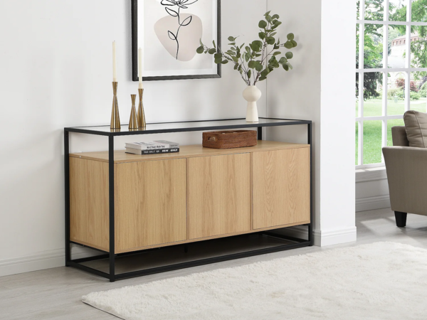 Vente-unique - Sideboard mit 3 Türen - MDF, gehärtetes Glas & Metall - Hell - CAMATA Bild 1