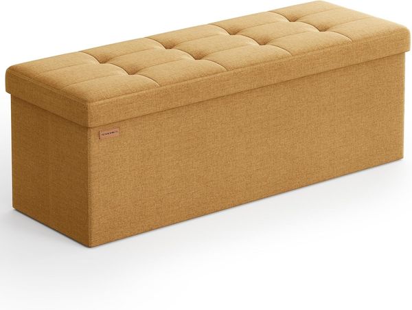 SONGMICS Sitzhocker mit Stauraum, klappbare Sitzbank, 38 x 110 x 38 cm Fußbank, Aufbewahrungsbox, bis 300 kg belastbar, für Wohnzimmer Schlafzimmer Flur, ingwergelb
