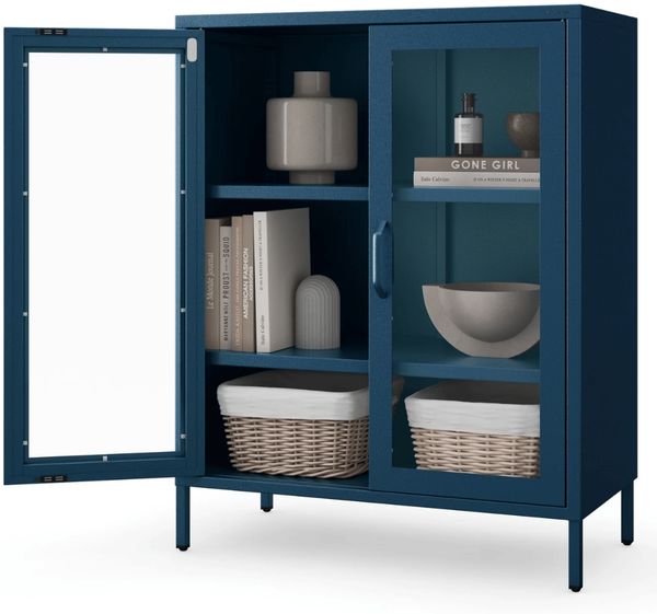 Vitrinenschrank Wohnzimmer klein GINA - 3 Ebenen, Metall | Glasvitrine Bücherschrank Büroschrank Aktenschrank mit Glasfenster Metallschrank, 101,5x80x40cm Dunkelblau