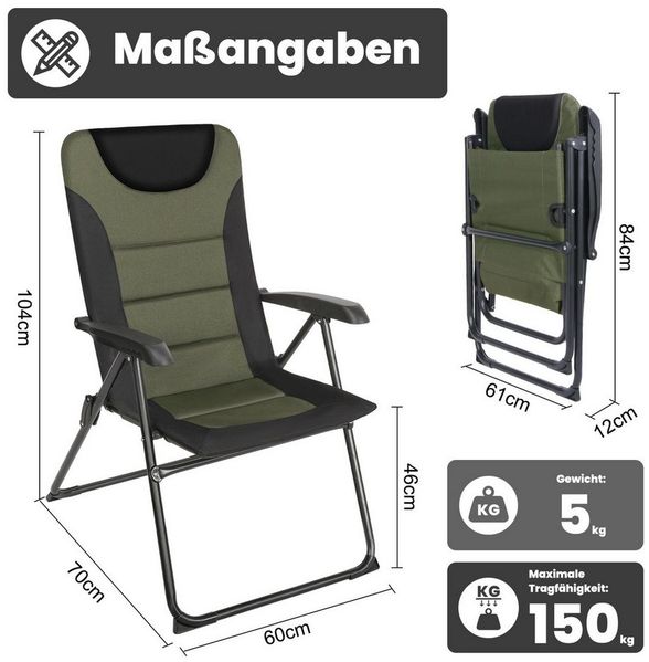 HOMECALL Campingstuhl Gartenstuhl Gepolsterter Klappstuhl für Wohnwagen Outdoors-150kg (2 St), Hochlehner Anglerstuhl mit 5-fach verstellbarer Rückenlehne