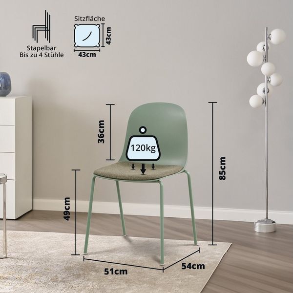 KHG Stapelstuhl Küchenstuhl Grün, bis 120 kg belastbar, Minimalistischer Stil, Stapelbar, 4-Fußgestell, Ton-in-Ton Kunststoffsitzschale gepolstert
