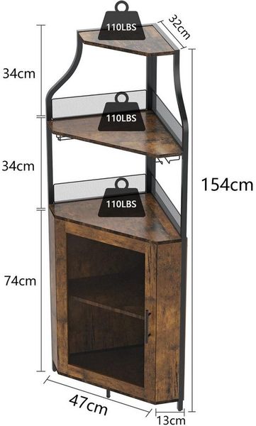 GarveeMore Eckschrank 5-stöckiges mit Glasständer und verstellbaren Regalen,47x32x154cm industrielles Eckschrank,Weinschrank mit Türen aus Metallgitter fürbar