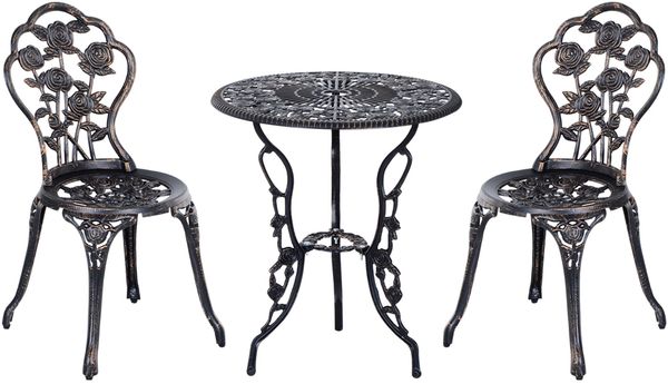 Flieks Gartenmöbel Set 3-tlg. Gussrosenmuster, 2 Stühle & Couchtisch, wetterfest Outdoor Balkonmöbel Set für 2 Personen, Metall, Bronze