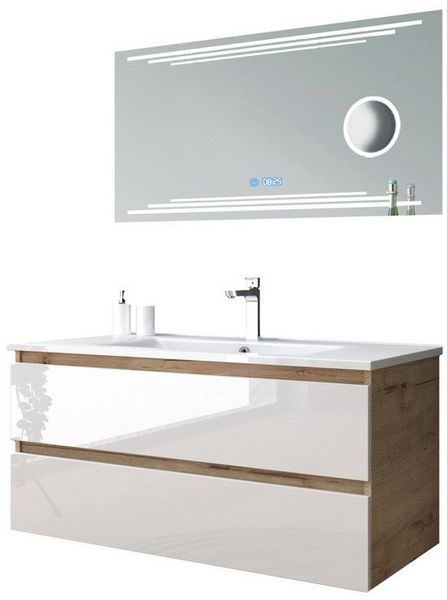Homeline Badmöbel-Set Leonard badmöbel Set Eiche/Weiß Kosmetik Spiegel 60 90 120 cm, (BadMöbel Set, 4-St, Badezimmer Möbel)