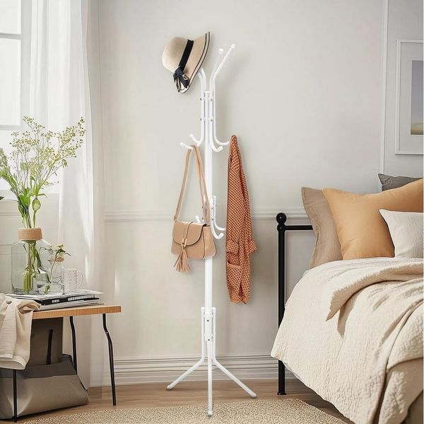 MOPUEA Kleiderständer Standing Clothes Rack mit 12 Haken Hall Tree Clothes Rack, (1 St, Kann Mäntel, Hüte, Kleider, Handtaschen, Regenschirme aufbewahren), Home Entertainment Tree Clothes Storage Rack mit 2 Kleiderbügeln