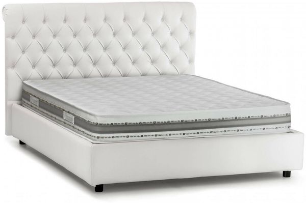Dmora Arnorld-Doppelbett, Bettkasten und Kopfteil aus Öko-Leder, 100 % Made in Italy, Öffnung vorne, Weiß, inklusive Matratze 160 x 190 cm