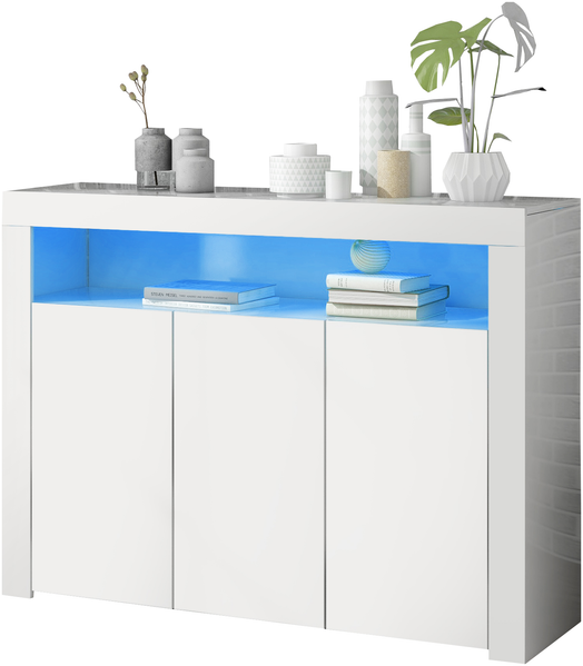 Merax Hochglänzende weiße Sideboard-Vitrine mit LED-Leuchten, moderne 3-türige Holz-Buffetschrank-Aufbewahrungseinheit Bild 10