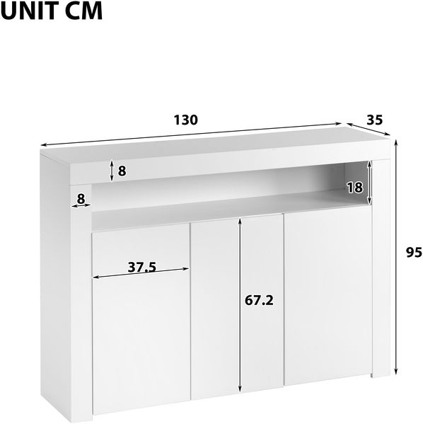 Merax Hochglänzende weiße Sideboard-Vitrine mit LED-Leuchten, moderne 3-türige Holz-Buffetschrank-Aufbewahrungseinheit Bild 4
