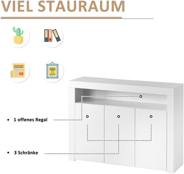 Merax Hochglänzende weiße Sideboard-Vitrine mit LED-Leuchten, moderne 3-türige Holz-Buffetschrank-Aufbewahrungseinheit Bild 5