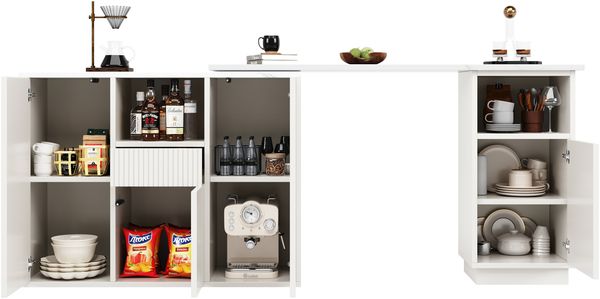 Sideboard H 100,9 x T 30 x B 210 cm, 360° drehbar, Marmoroptik Arbeitsplatte, MDF weiß