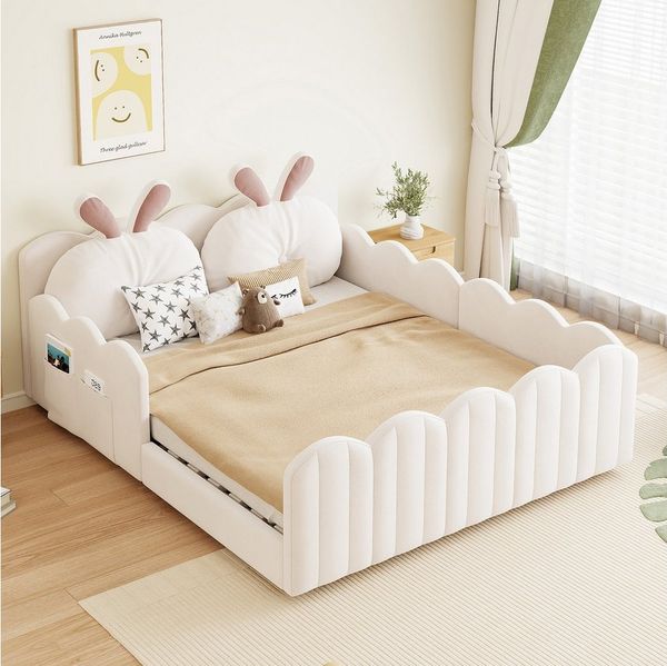Merax Polsterbett (gepolstertes Plattformbett Bodenbett aus Samtstoff, 1-tlg), Kinderbett 140x200 mit Lattenrost, Kaninchenkissen und Rausfallschutz