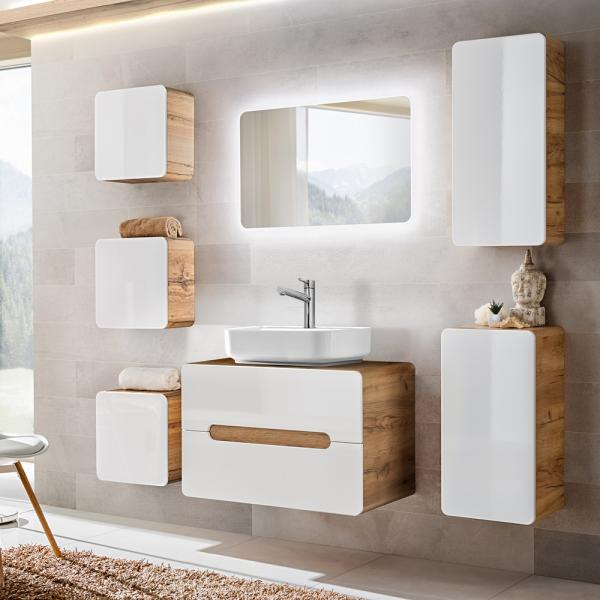 Badezimmermöbel Set mit Keramik-Waschtisch LUTON-56 Hochglanz weiß, Wotan Eiche Nb. B/H/T ca. 180/200/46 cm
