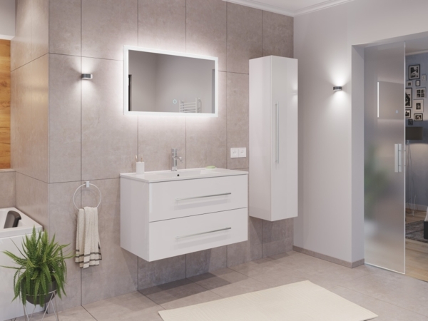 Badmöbel Set Firenze 90 3tlg. LED Spiegel und Hochschrank weiß hochglanz : Weiss hochglanz