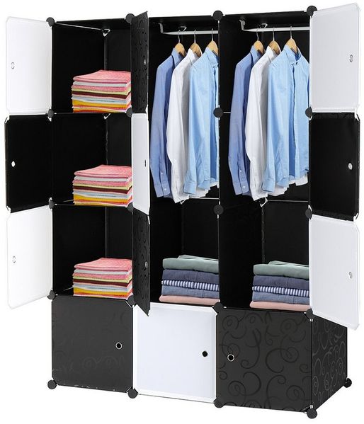 HT Kleiderschrank Würfel Organizer Stapelbar, Kunststoff Würfelaufbewahrung (Kunststoff + Stahldraht mit 2 Kleiderstangen) 105 x 45 x 140 cm (L x W x H)
