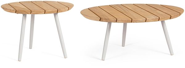Gartencouchtisch-Set Aitalia aus Teakholz, modern skandinavisch, frostig natur, rundes 2er-Set