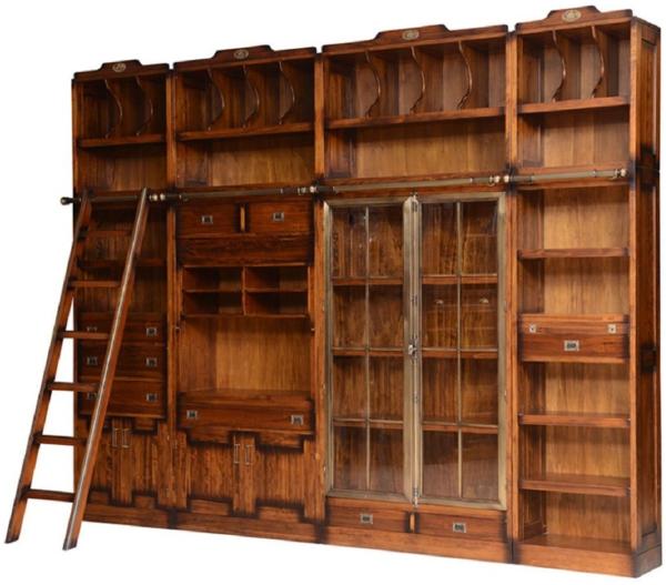 Casa Padrino Luxus Vintage Stil Bücherschrank mit Leiter Braun 331 x 34 x H. 256 cm - Massivholz Schrank - Regalschrank - Wohnzimmerschrank - Büroschrank - Luxus Massivholz Möbel - Büro Möbel