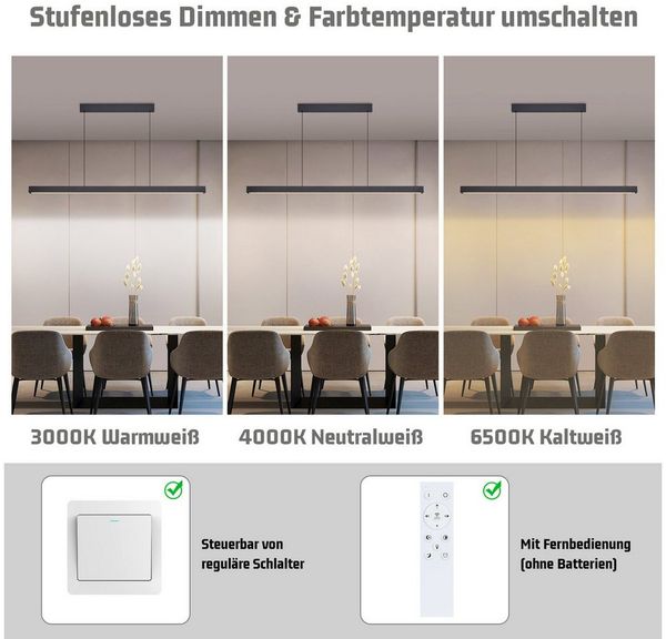 Nettlife LED Pendelleuchte Dimmbar Schwarz Esszimmer Modern 50W 148.5CM Hängelampe, Höhenverstellbar, LED fest integriert, Pendellampe für Küche Bar Wohnzimmer Schlafzimmer