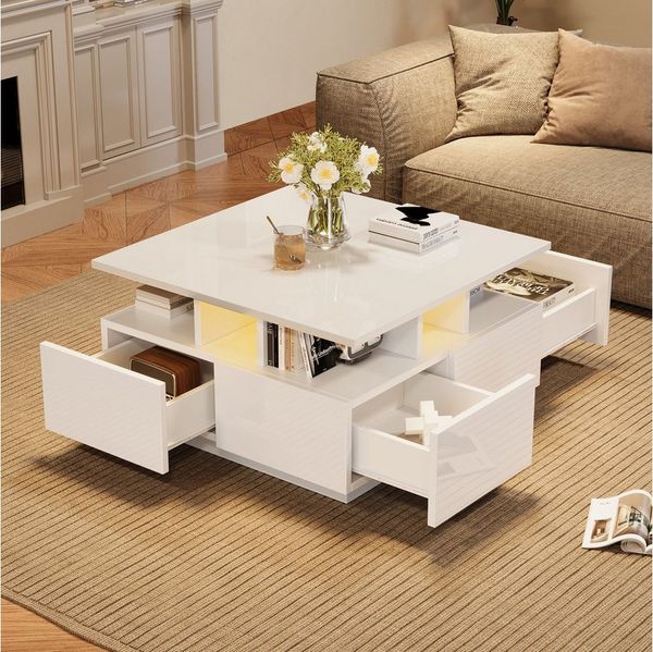 STILVORA Couchtisch Hochglanz wohnzimmertisch sofatisch mit 4 schubladen,Beistelltisch (Satztisch, Wohnzimmertisch, Beistelltisch, 1-St, mit 4 schubladen), mit LED licht, geometrische Design