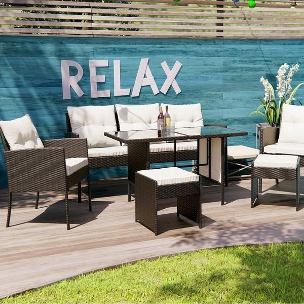 Swing&Harmonie Sitzgruppe Poly Rattan Sitzgarnitur Sydney Esstisch Lounge, (Gartenmöbel Garten-Garnitur Set, 1x Tisch + 2x Stühle + 1x Sitzbank + 2x Hocker)