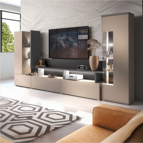Lomadox Wohnzimmer-Set SELCE-83, (Mega-Spar-Set, 2-St, 2-tlg), beige mit anthrazit inkl. Beleuchtung, griffloses Design