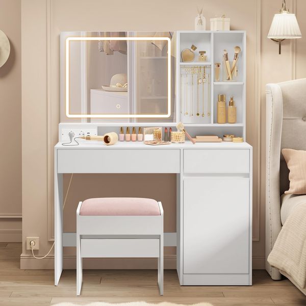 VASAGLE Schminktisch mit Schminkhocker, 90 cm breiter Frisiertisch mit Spiegel, Beleuchtung udn Steckdosenleiste, Sitzhocker gepolstert, wolkenweiß und mattweiß-pastellrosa RDT732W01