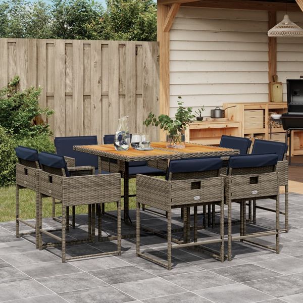 vidaXL 9-tlg. Garten-Essgruppe mit Kissen Grau Poly Rattan 3278149