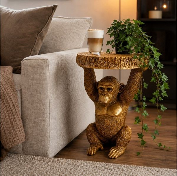 Online-Fuchs Beistelltisch goldener Affe mit runder Baumscheibe in Holz Optik - ideal für Sofa (53 cm groß, Outdoor geeignet), als Sofatisch, Nachttisch oder auch Gartentisch einsetzbar