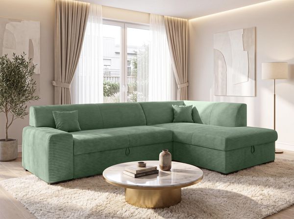 AX LIVING Eckschlafcouch mit Bettkasten Lucera 260 cm Salbeigrün R