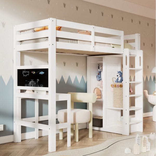 Odikalo Hochbett 90x200 Kinderbett mit Schreibtisch und Stauraum (mit Schreibtisch Offener Kleiderschrank und Regalen Kinderbett mit Lattenrost und Rausfallschutz Einzelbett Liegefläche 90x200cm, Weiß(ohne Matratze)