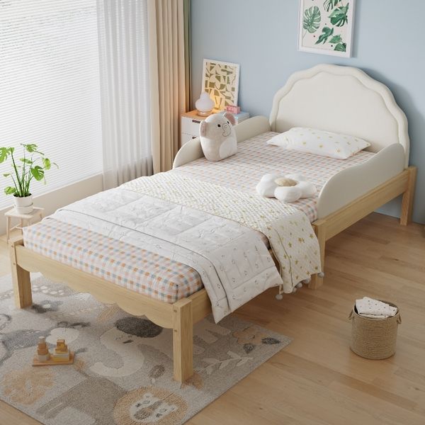 Novelux Kinderbett 90x200 Polsterbett mit Rausfallschutz und Lattenrost – PU-Kopfteil, Holzrahmen, Beige, Einzelbett Kinderzimmer ohne Matratze