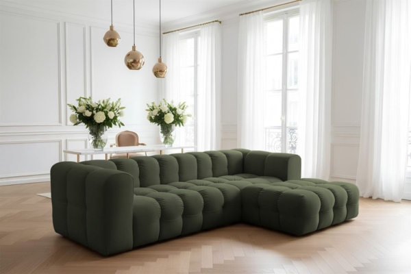 Ecksofa Designersofa SOLVIE in Stoff Tiffani Grün Ottomane Rechts
