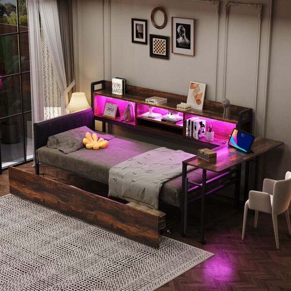 Merax Einzelbett, Daybett, Eisen Sofabett 90 x 200 cm, mit LED-Beleuchtung und Stauraum, mit Schubladen und multifunktionaler Steckdose, ausklappbarem Schreibtisch, Retro Braun