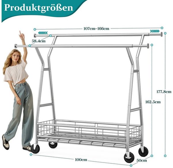 Klyvvo Kleiderständer auf Rollen mit Doppelstange & Netzkorb, 200 kg Schwerlast-Tragkraft, (1 St), reichlich Stauraum für Kleidung & Accessoires Bild 3