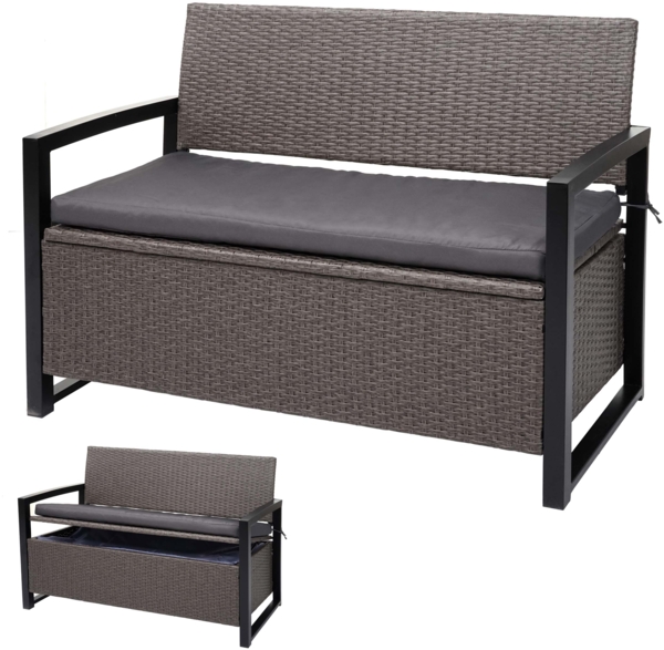 Poly-Rattan 2er Sitzbank HWC-F39, Gartenbank Truhenbank, Staufach Aufbewahrung Sitzkissen ~ grau-meliert, Kissen grau
