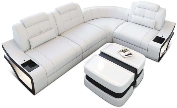 Mini Couch Elena L Form Leder - Echtleder - weiß-schwarz - Rechts