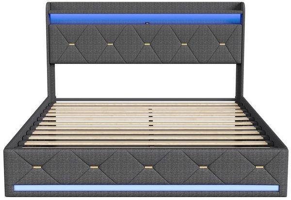 Gdood Polsterbett Stauraumbett Doppelbett LED USB (1 tlg, Hydraulisch hebbarem Stauraum), Mit LED-Licht, Nachttisch, Ladefunktion, Lattenrost,Leinen, 140x200 cm