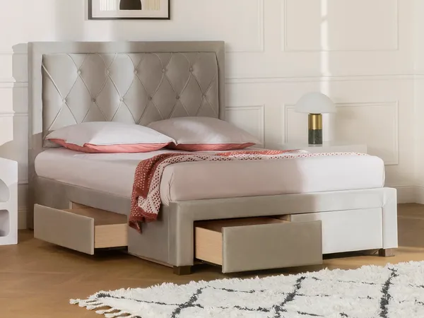 Vente-unique - LEOPOLD Bett SamtStoff Beige - B 185 cm x H 122,2 cm x L 216,5 cm