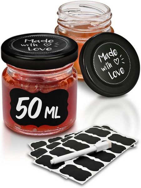 Praknu Einmachglas 24 Mini Gläser mit Deckel 50 ml - Mit Etiketten und Stift, Glas, (Set, 24-tlg), Mit Etiketten & Stift - Luftdicht - Spülmaschinenfest